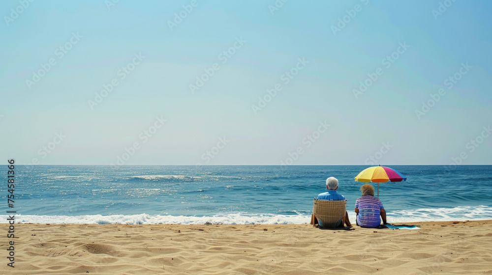 Elderly couple relaxing on the sandy beach, enjoying the sun and the sea breeze Elderly couple relaxing on the sandy beach, enjoying the sun and the sea breeze