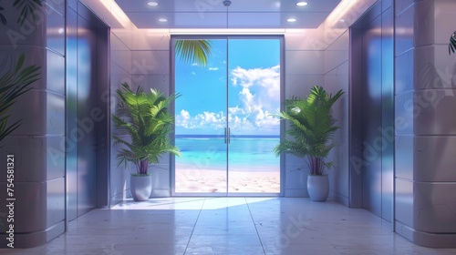 Elevator doors open in an office to unveil a relaxing beach scene, blending work with vacation vibes photo