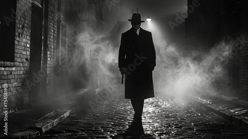 A silhouetted person in a hat and coat with gun alks towards the camera on an old cobblestone street under a dim streetlight, surrounded by fog