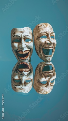 Comedy Masks With Faces on a Blue Background
