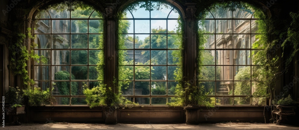 The image shows a large vintage window with ivy vines creeping up its frame. The green ivy contrasts against the windows aged wood, creating a rustic and charming scene. - obrazy, fototapety, plakaty 