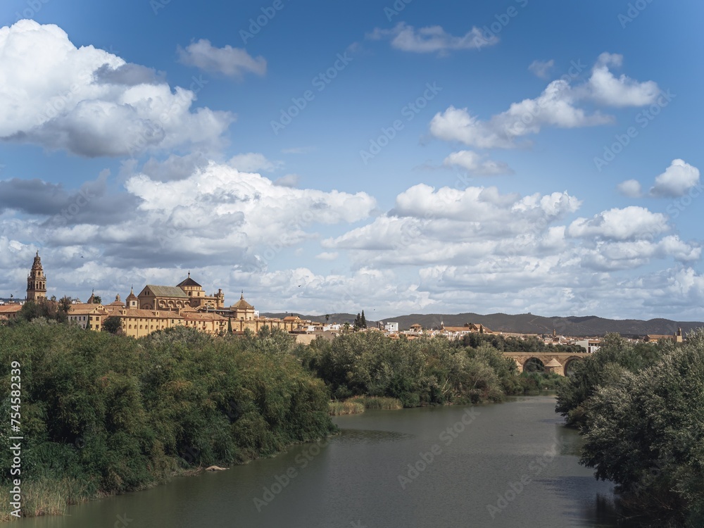 The tower of the Mezquita-Catedral, mosque cathedral and the Alcazar in Cordoba during summer