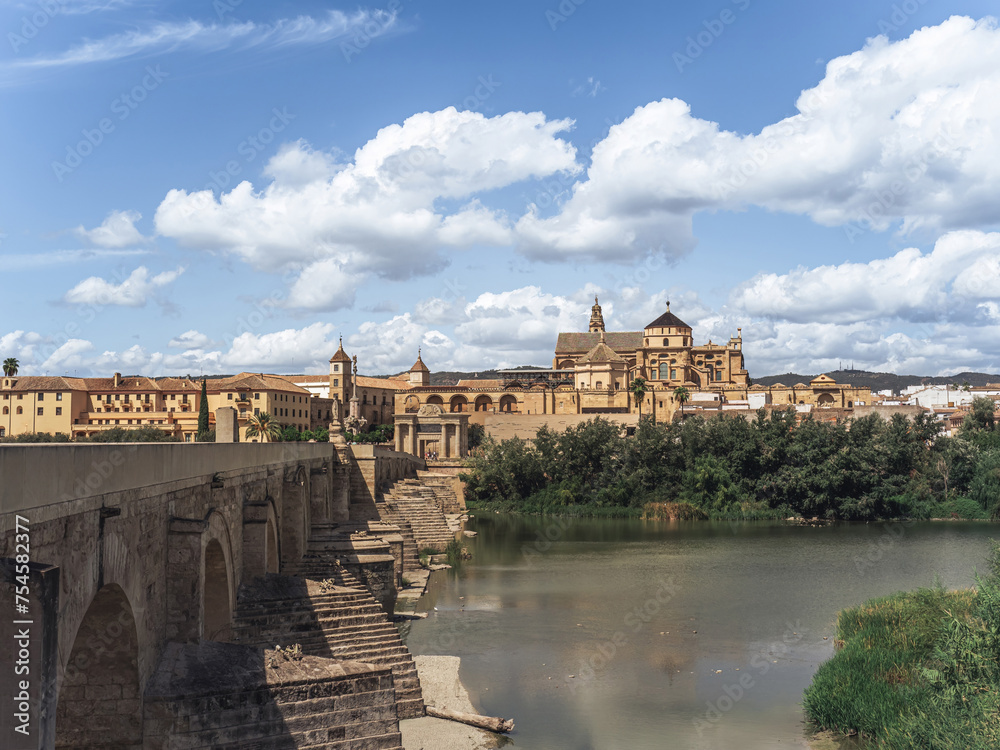 The view of the Mezquita Cathedral Mosque of Cordoba with the Roman Bridge (Puente Romano) during summer, Cordoba