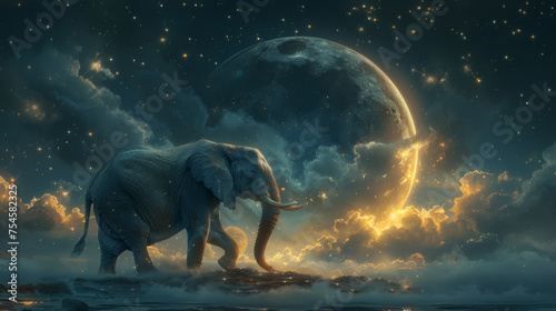 Elephant Walking Under a Celestial Moon