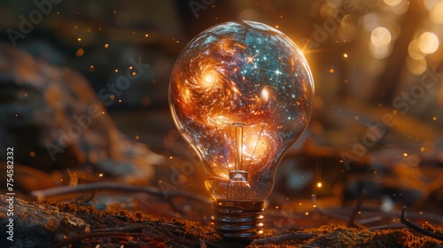 Light Bulb with Galaxy Inside on Forest Ground