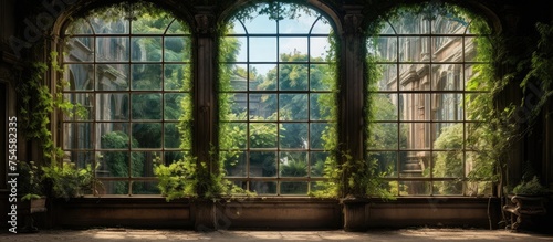 The image shows a large vintage window with ivy vines creeping up its frame. The green ivy contrasts against the windows aged wood, creating a rustic and charming scene. photo