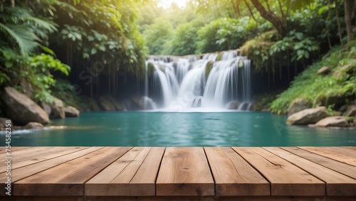 Empty Wooden Table Background Blurred Waterfall, Wooden Table, Product Copy Space