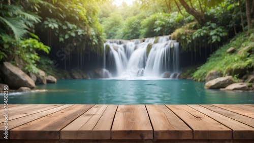 Empty Wooden Table Background Blurred Waterfall  Wooden Table  Product Copy Space