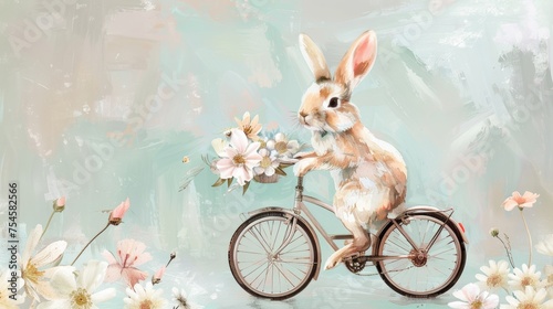 A Whimsical Rabbit Riding a Bicycle on Pastel Background