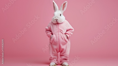 White Rabbit in Pink Outfit on Pink Background