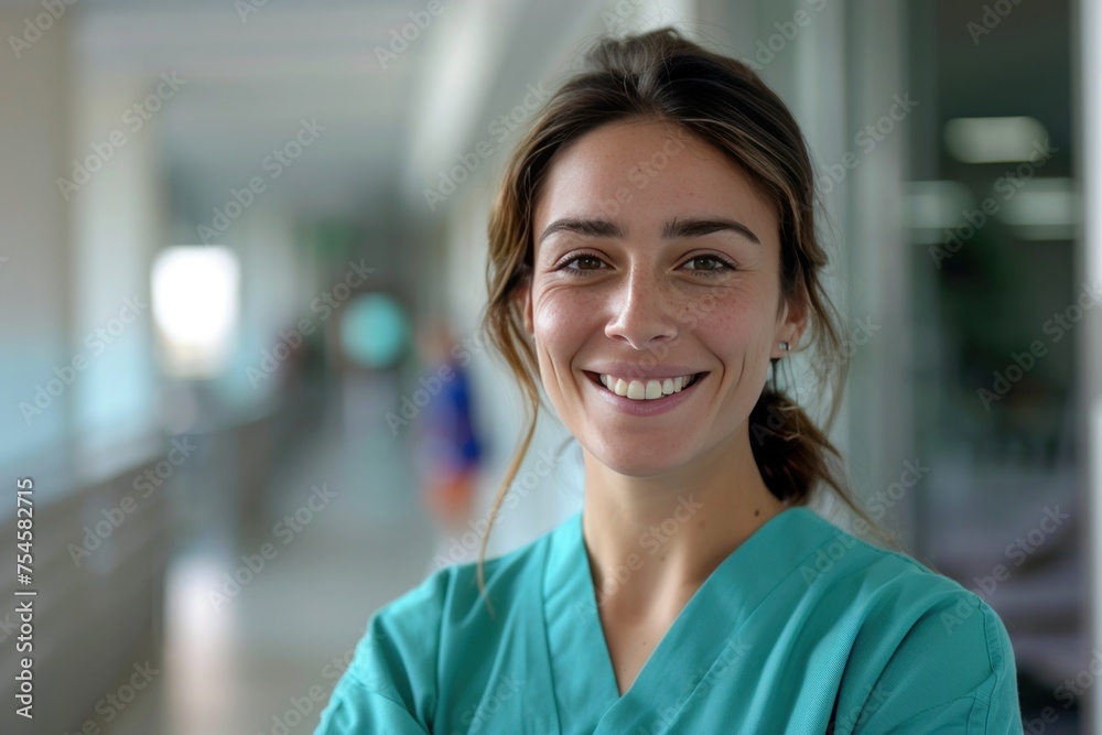 A woman in a green scrubs is smiling and posing for a picture. She is wearing a green shirt and a green skirt. Concept of International Day of Midwives International Nurses Day A woman in a green scrubs is smiling and posing for a picture. She is wearing a green shirt and a green skirt. Concept of International Day of Midwives International Nurses Day