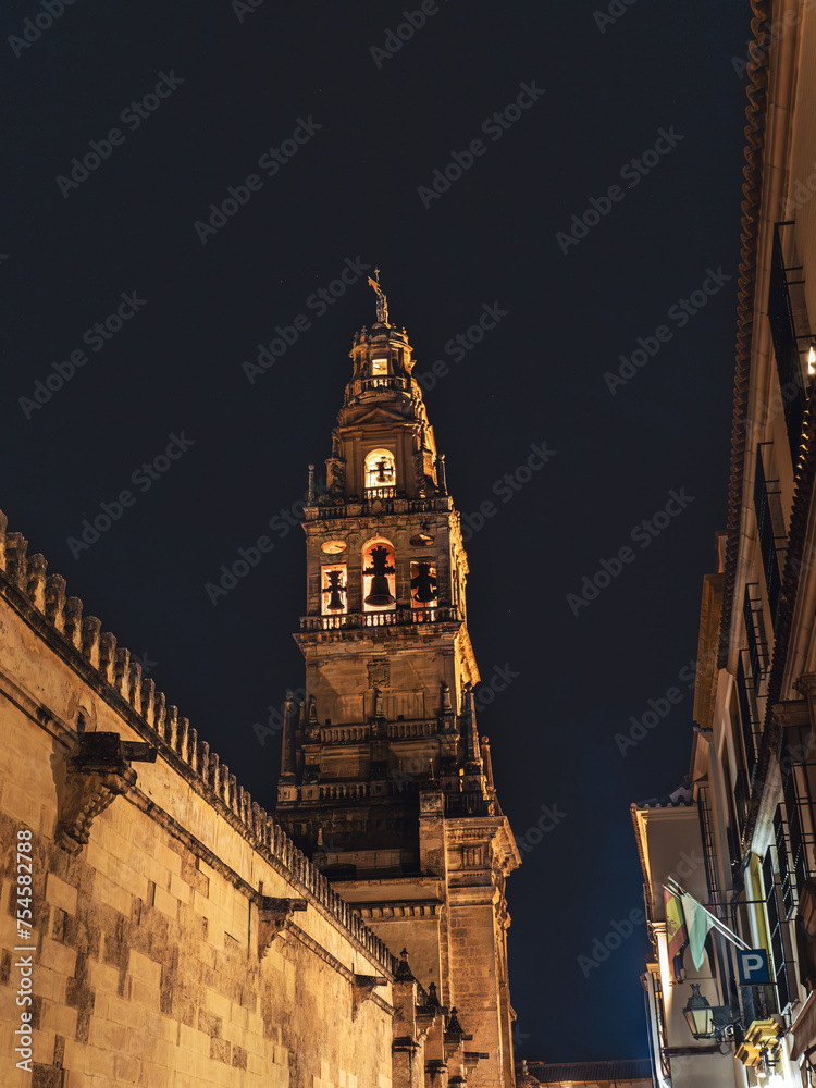 Fototapeta premium Iconic Tower and Bell Tower of the Mezquita-Catedral, mosque cathedral in Cordoba during night