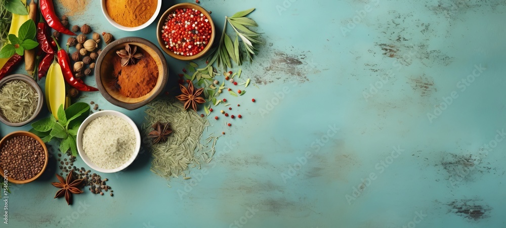Assortment of colorful spices, seasonings and herbs in bowls on textured blue background. Top view. Wide banner with copy space. Concept of cooking, culinary arts, seasoning, and gourmet ingredients.