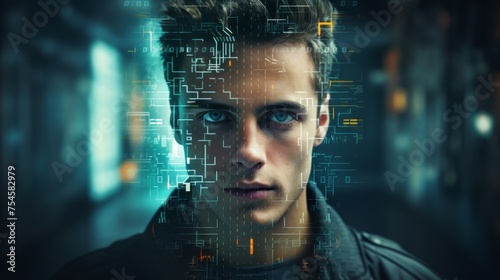 Close-up of a young male face with futuristic digital graphics. Concept of cyber technology, facial recognition, and future innovations.
