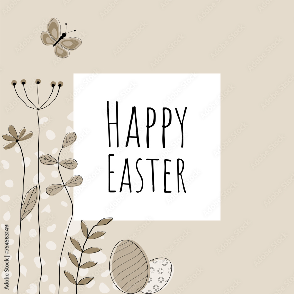 Happy Easter - Schriftzug in englischer Sprache - Frohe Ostern. Quadratische Grußkarte mit Ostereiern, Blumen und Schmetterling auf einem sandfarbenen Rahmen.
