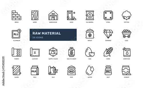 raw material resource supply chain warehouse detailed outline line icon set