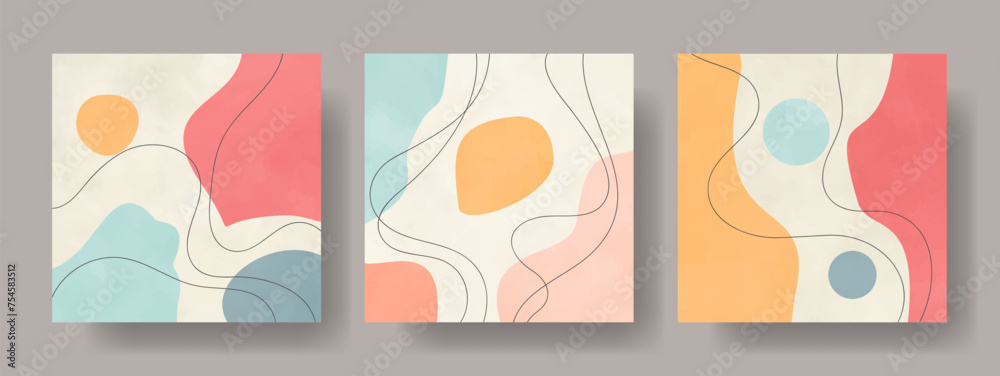 Set of abstract posters with hand drawn watercolor shapes and lines. Modern pastel color vector illustrations for design interior. Contemporary background with isolated shapes and watercolor texture.