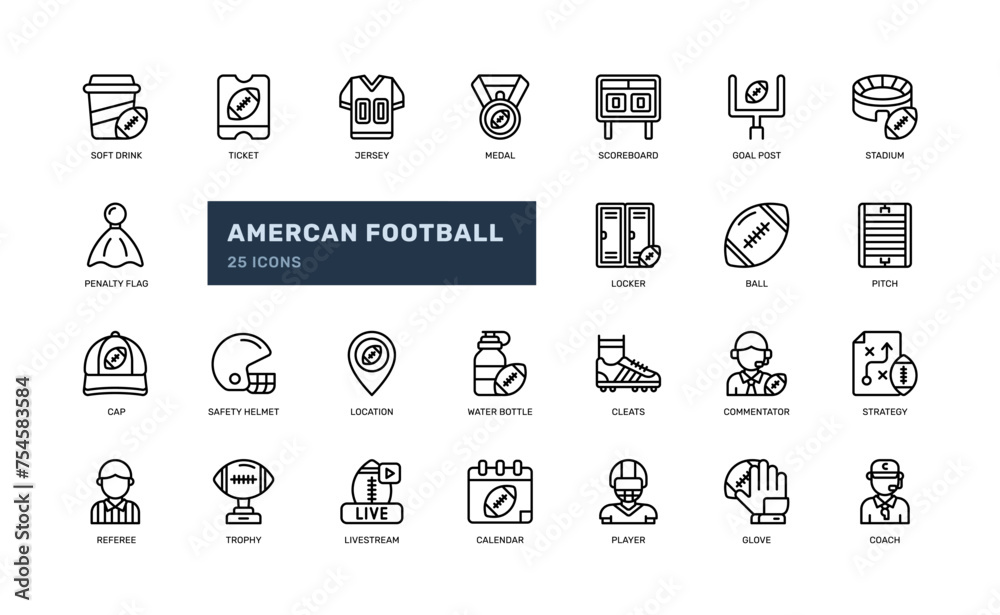 american football gridiron rugby sport competition detailed outline line icon set american football gridiron rugby sport competition detailed outline line icon set