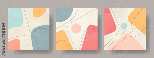 Set of abstract posters with hand drawn watercolor shapes and lines. Modern pastel color vector illustrations for design interior. Contemporary background with isolated shapes and watercolor texture.