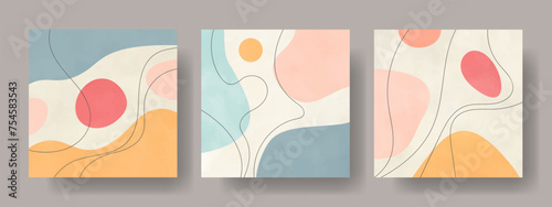 Set of abstract posters with hand drawn watercolor shapes and lines. Modern pastel color vector illustrations for design interior. Contemporary background with isolated shapes and watercolor texture.