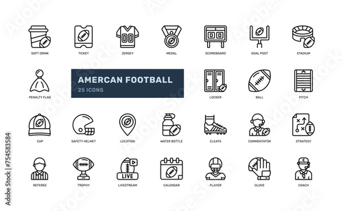 american football gridiron rugby sport competition detailed outline line icon set