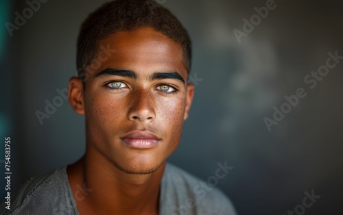 A young man with a green eye stares at the camera. Concept of confidence and self-assurance photo