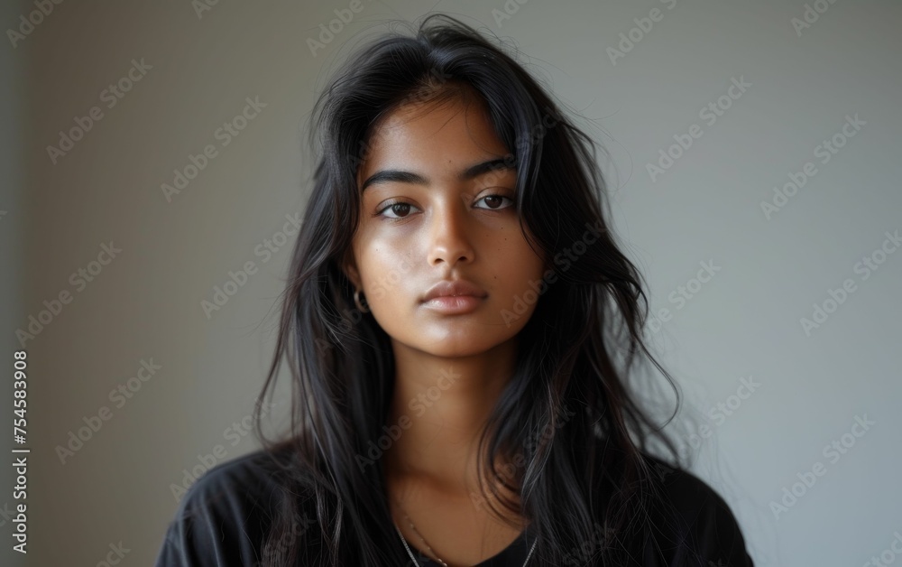 A woman with long black hair and a black shirt. She has a serious expression on her face A woman with long black hair and a black shirt. She has a serious expression on her face