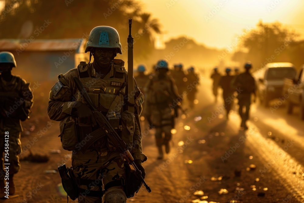 A group of soldiers are walking down a road with a sunset in the background. Concept of International Day of United Nations Peacekeepers