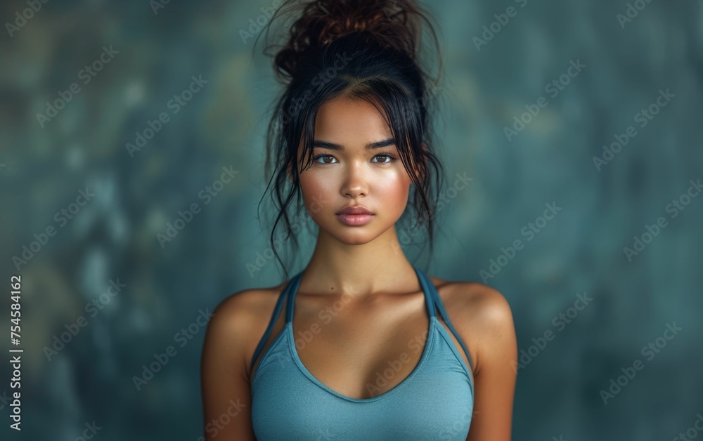 A woman with a blue tank top and a ponytail. She has a nice smile and is looking straight ahead