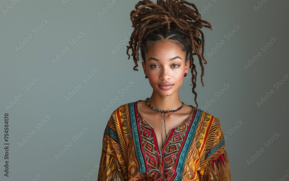 A woman with dreadlocks and a colorful dress is posing for a photo. The dress has a pattern of flowers and leaves, and the woman's hair is styled in a bun. She has a necklace and earrings A woman with dreadlocks and a colorful dress is posing for a photo. The dress has a pattern of flowers and leaves, and the woman's hair is styled in a bun. She has a necklace and earrings