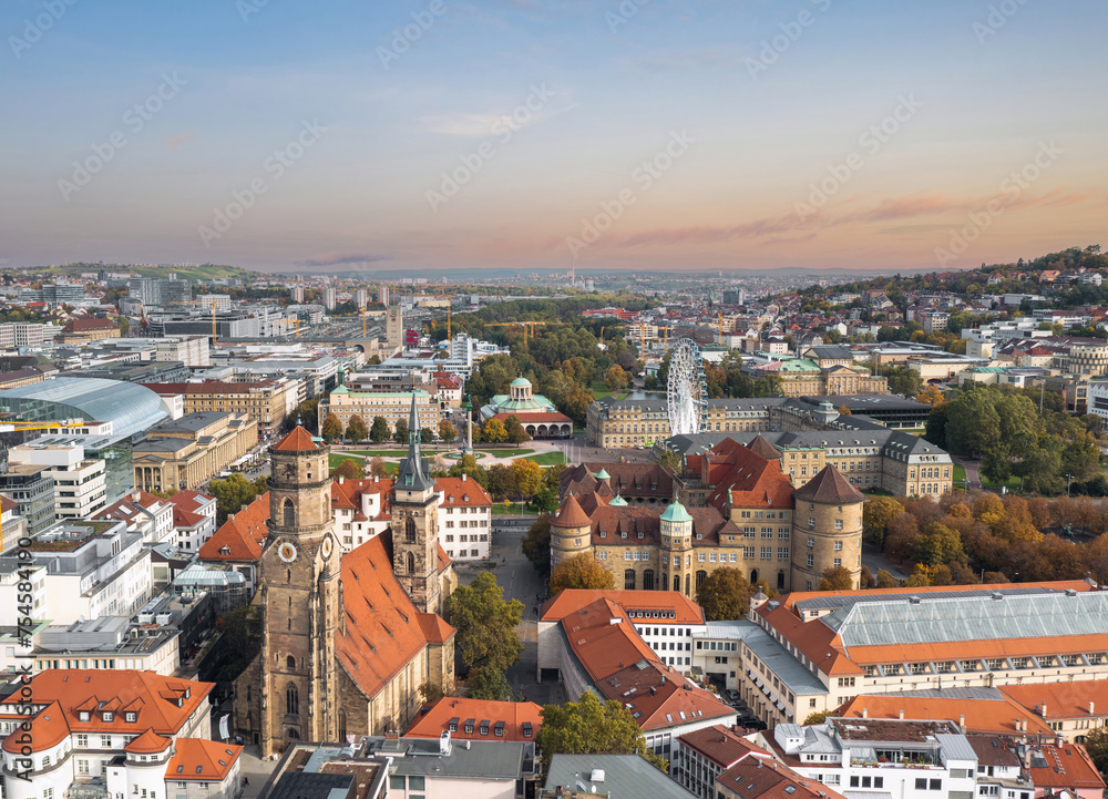 Beautiful aerial skyline cityscape of Stuttgart Mitte, Baden-württemberg, Germany at sunset. Landmarks: Old Castle
(Altes Schloss), Stiftskirche, Schlossplatz in background