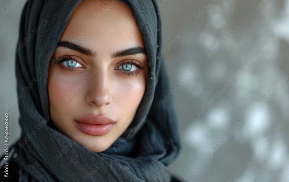 A woman with a scarf on her head and a blue eye shadow. She has a very nice smile