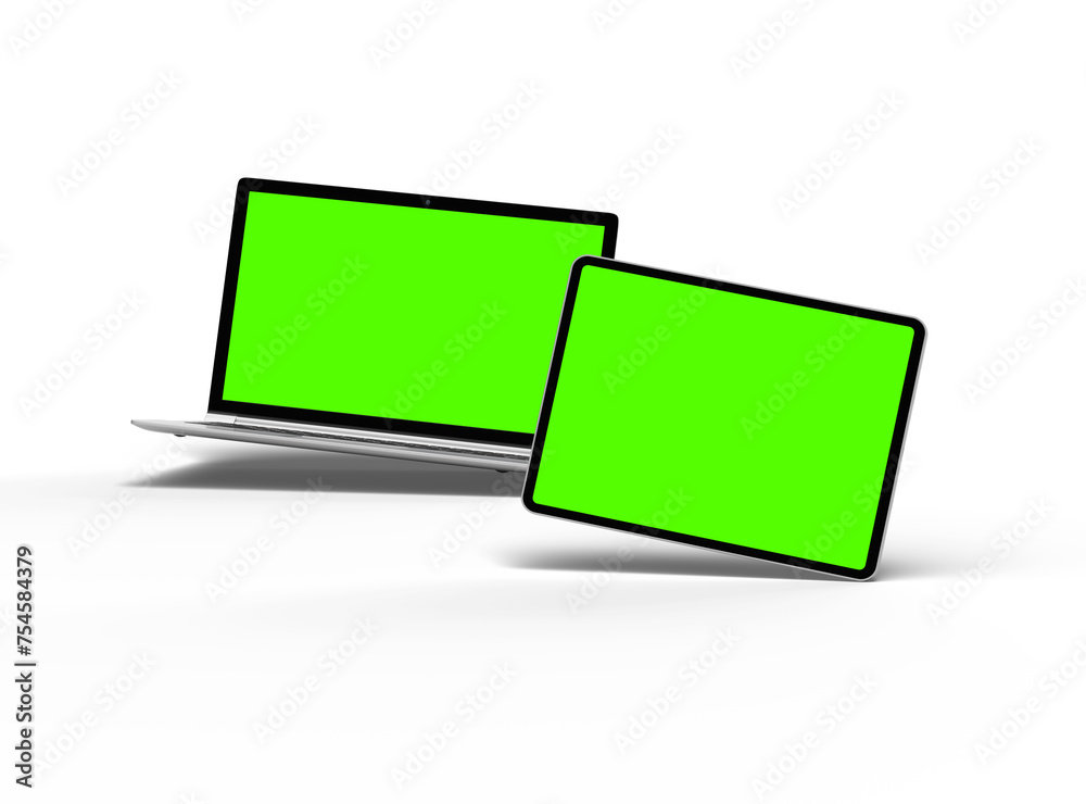 3d render of laptop and tablet with green screen on a light background 3d render of laptop and tablet with green screen on a light background