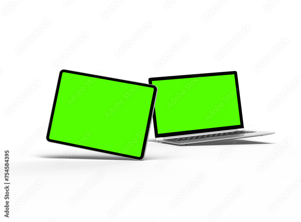 3d render of laptop and tablet with green screen on a light background 3d render of laptop and tablet with green screen on a light background