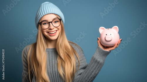 Smiling young girl holding a piggybank against blue background