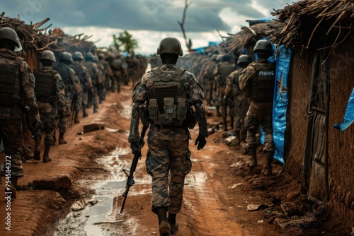 A group of soldiers are marching down a dirt road. Concept of International Day of United Nations Peacekeepers photo