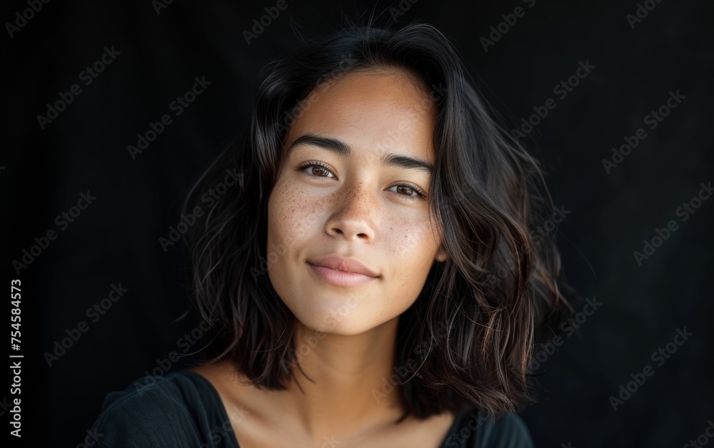 A woman with dark hair and a tan complexion is smiling at the camera. She has a light brown spot on her nose A woman with dark hair and a tan complexion is smiling at the camera. She has a light brown spot on her nose