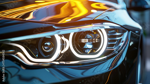 Closeup of modern car headlight (3D Illustration). Generative AI © Hokmiran
