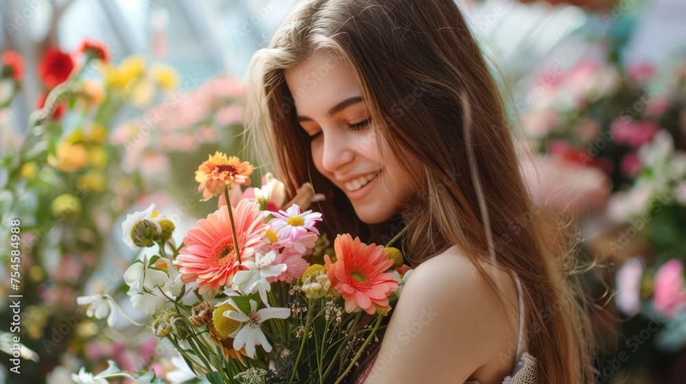 A happy girl or woman holding a bouquet of beautiful fresh flowers A happy girl or woman holding a bouquet of beautiful fresh flowers