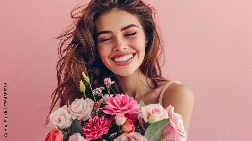 A smiling girl or woman clutching a bouquet of beautiful, fragrant flowers.