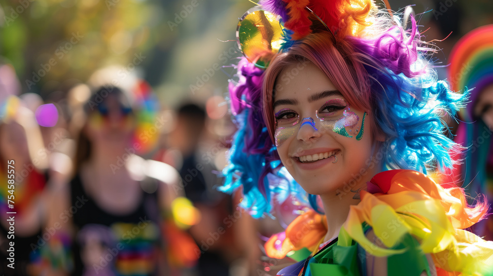Fototapeta premium portrait of a girl in rainbow cloth. For Pride Month, banner, cover, poster, thumbnail, social media. 3d style. Solidarity concept