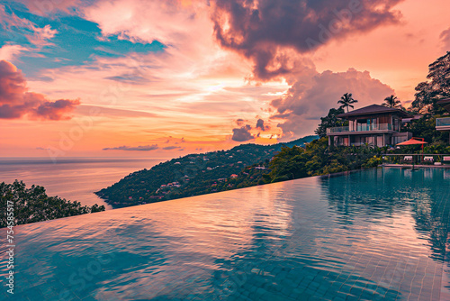Luxury Villa Infinity Pool at Sunset with Ocean View