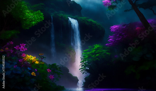 waterfall in the rain forest, tropic landscape with mountains, trees, flowers, lake, fantasy paradise, wall art and wallpaper