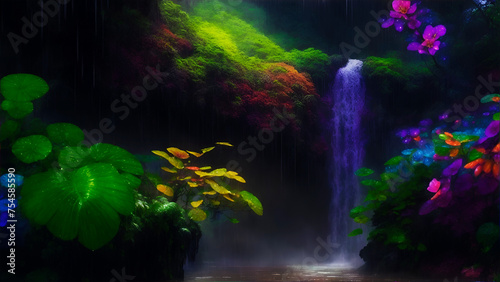 waterfall in the rain forest, tropic landscape with mountains, trees, flowers, lake, fantasy paradise, wall art and wallpaper © YOAQ