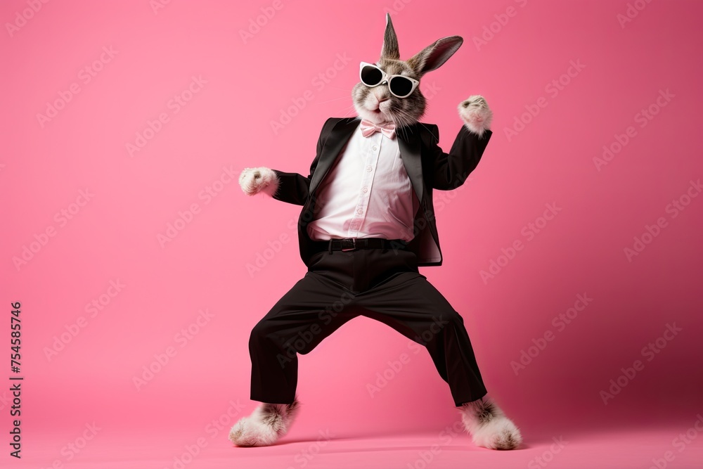 Cool Easter Bunny in a Suit and Sunglasses Dancing on a Pink Background - obrazy, fototapety, plakaty 