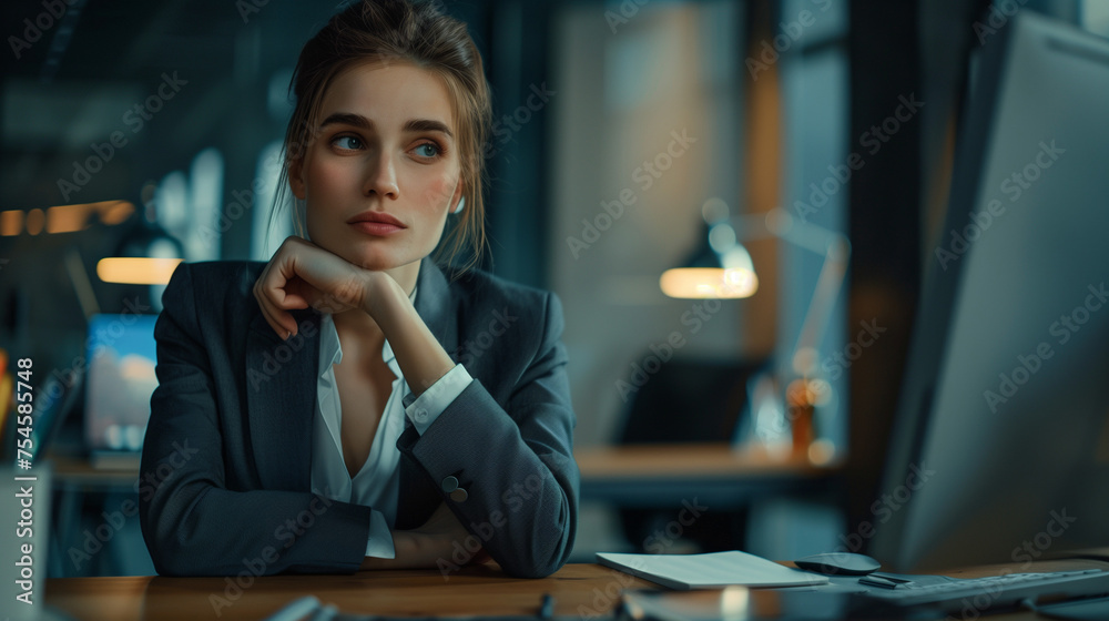 Pensive Professional Woman in Suit at Work Pensive Professional Woman in Suit at Work