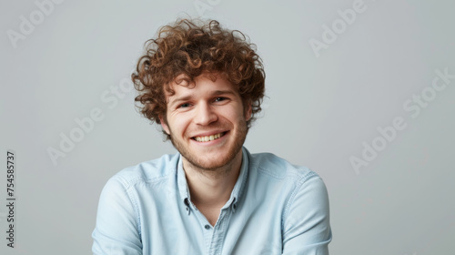 cheerful man with curly hair, smiling at the camera, arms crossed, wearing a light blue casual shirt, standing against a light gray background. © MP Studio