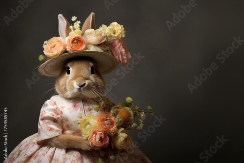 Cute Easter Rabbit wearing a Hat with Flowers and Space for Copy