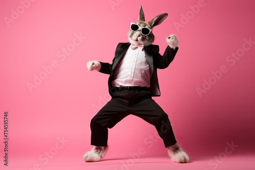 Cool Easter Bunny in a Suit and Sunglasses Dancing on a Pink Background