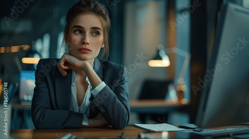Pensive Professional Woman in Suit at Work